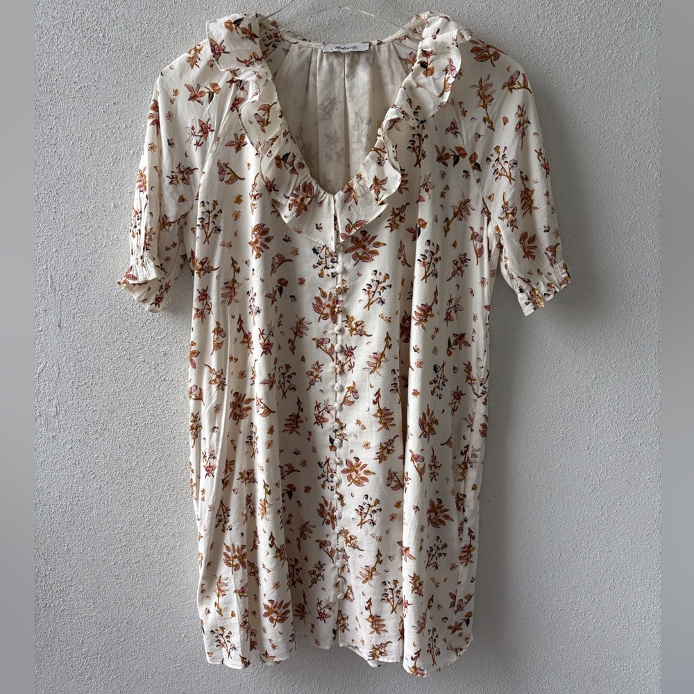 Madewell XS Mini Dress Pockets Ruffled V-Neck Lined Covered Buttons Floral‎ Boho